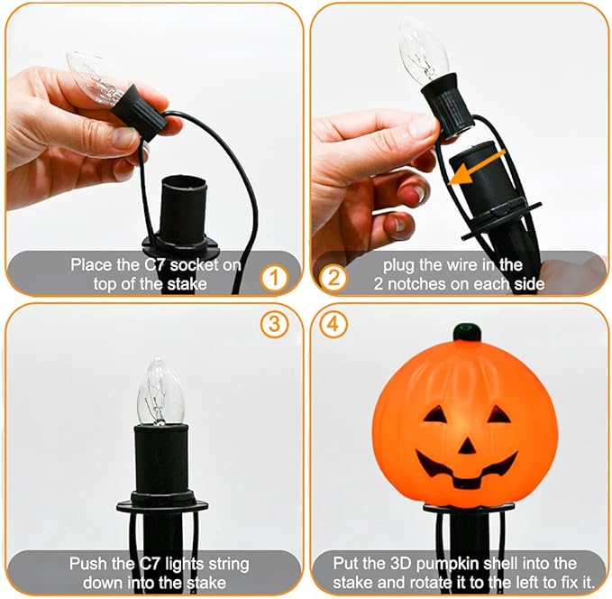 Halloween Pumpkin Pathway Markers Lights Outdoor, 7Ft Connectable C7 Halloween Decorations Pathway String Lights with 4 Pumpkin Stakes Lights for Outdoor Garden Walkway Yard Driveway Lawn Party Decor