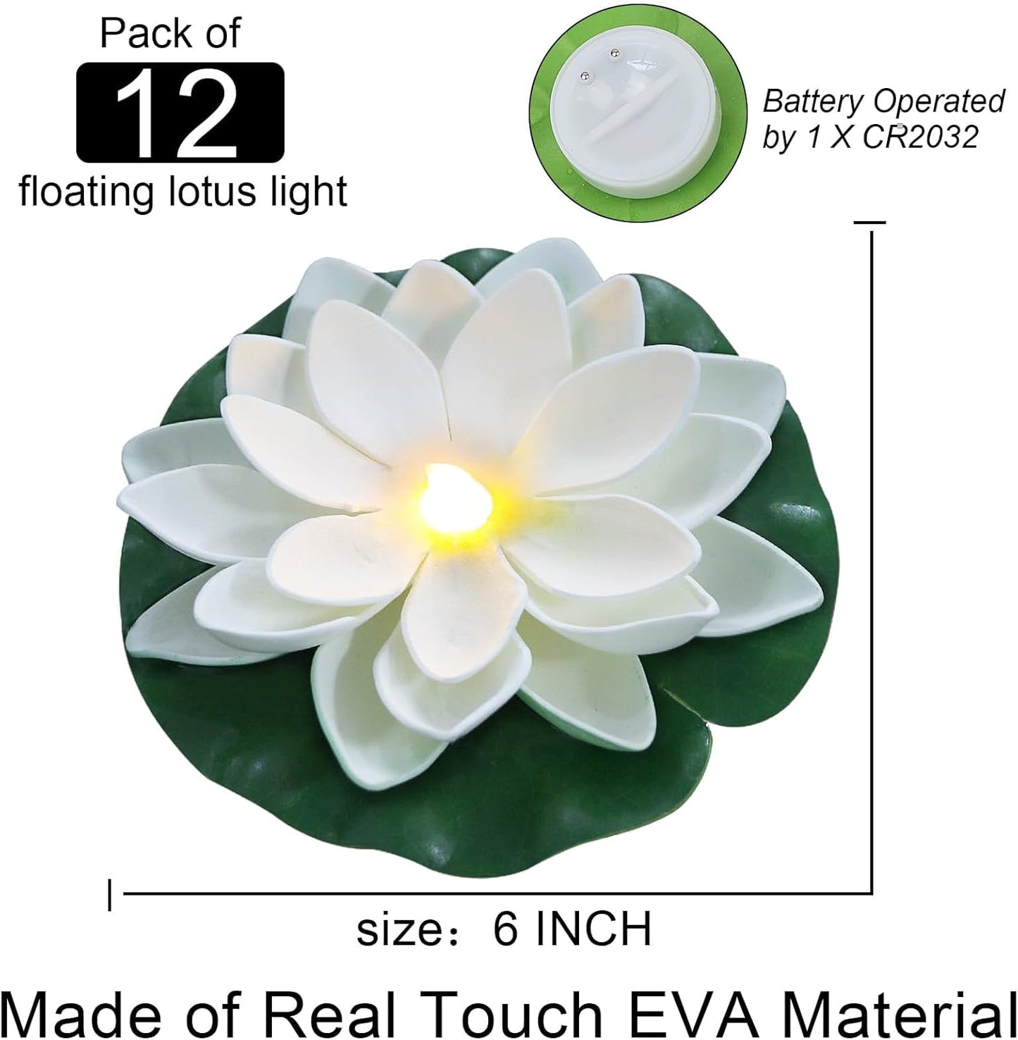 12 PCS Waterproof Floating Lotus Light - 6'' Floating Flower Light Battery Operated Water Activated Warm White Pool Flower Lamp Wedding Anniversary Garden Decoration(6 Inch, White)