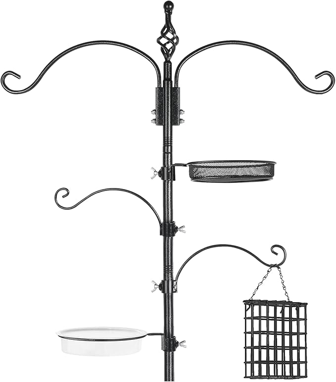 Bird Feeder Pole Wild Bird Feeder Hanging Kit Planter, 83 Inch Bird Feeding Station Kit with 5 Prongs Base Hummingbird Feeder Stand Hook for Outside