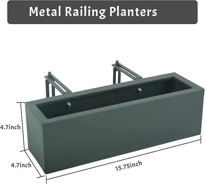 15 INCH Metal Railing Planter Boxes - Hanging Planter for Outdoor Balcony Fence, Durable All-Weather Use with Adjustable Brackets, Modern Décor for Flowers, Succulents, Hanging Plants, Grey
