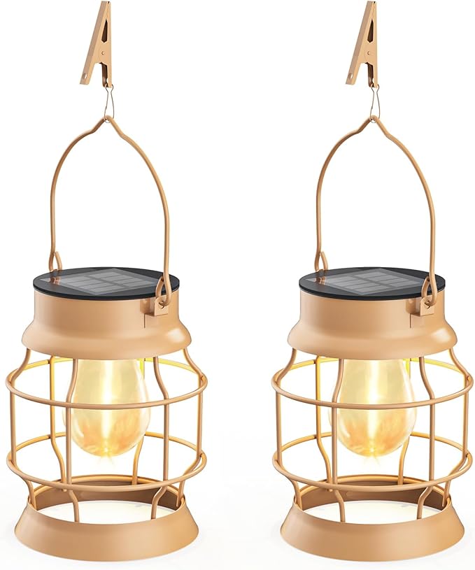 2 Pack Solar Outdoor Lights Metal Hanging Solar for Outside Lights Outdoor Waterproof Retro Design with Edison Bulb Decorative for Patio Porch Fence Garden Lawn