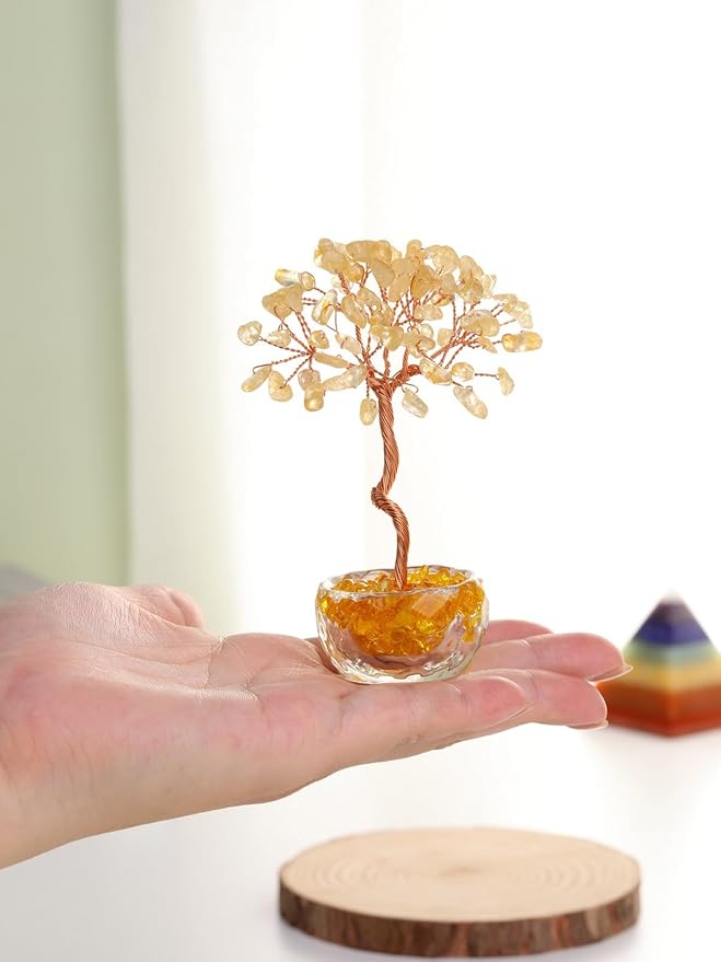 Jovivi Small Citrine Crystal Tree, Natural Crystal Healing Stones Tree Glass Bowl Base Gemstone Money Trees Feng Shui Good Luck Home Desk Decor
