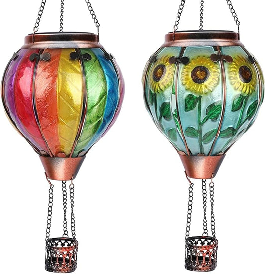 Hot Air Balloon Solar Lantern with Flickering Flame Hanging Solar Lanterns Outdoor Lights Waterproof Lanterns Decorative Garden Patio Yard Party Decor Colorful + Sunflower