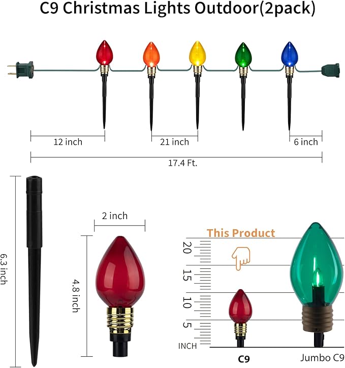 2 Pack C9 Christmas Pathway Lights - Outdoor Total 34.8 Ft, 20 Waterproof Connectable Walkway Lights for Yard, Ground, Sidewalk, Driveway Christmas Decorations