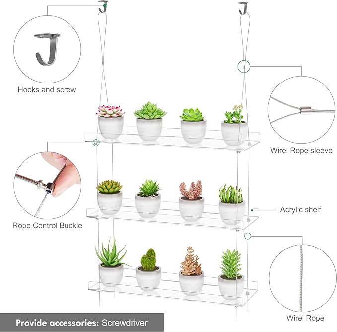 3-Tier Clear Hanging Window Plant Shelves 16In, Height Adjustable Acrylic , Indoor Windows Wall Hanging Plant Stand Flower Display, Flower Pot Organizer Storage for Grow Herbs, Microgreens, Succulents