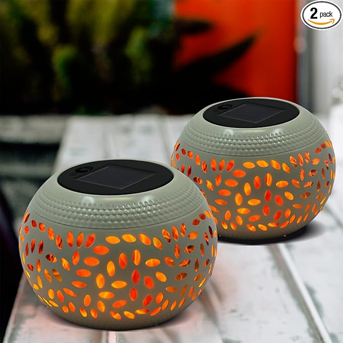 Solar Table Lantern Outdoor Waterproof-2PACK Dancing Flickering Flame Solar Light,White Metal Desktop Decorative Lamp Auto On/Off Lighting Dusk to Dawn for Indoor Desk Patio Garden Pathway Yard