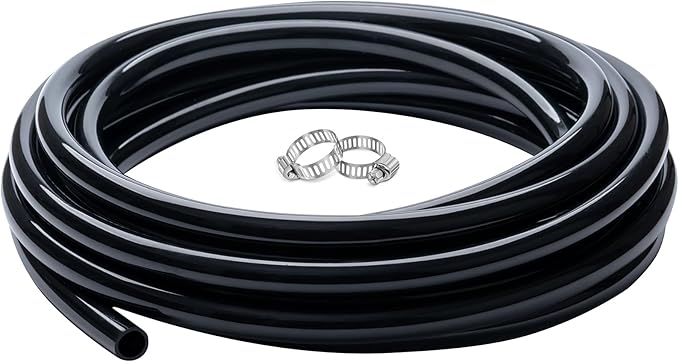 1/4" id - 10ft Black Vinyl Tubing Flexible PVC Tube Hybrid Hose Transfer Water Fuel Gas for Pond Fountain Garden Waterfall, Durable and Safe, with 2 Hose Clamps