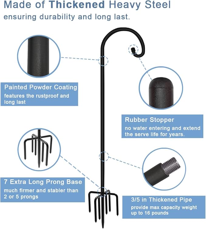 108 inch Outdoor Shepherd Hook with 7 Prong Base (1 Pack), Adjustable Heavy Duty Garden Hanging Stake for Bird Feeder Solar Light Plant Hanger Wedding Decor, Matte Black