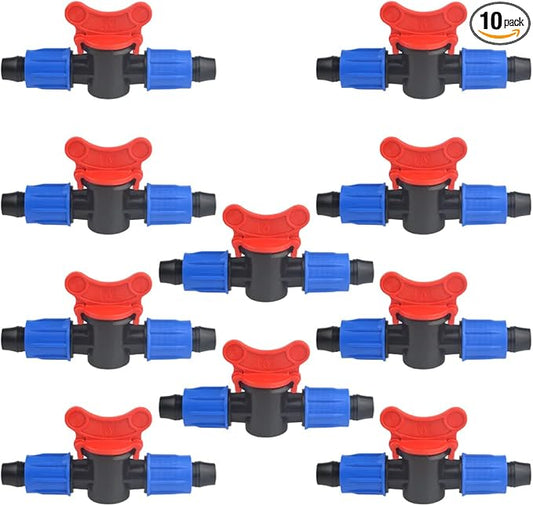10Pack 1/2 Inch Drip Irrigation Shut-Off Valve Universal Drip Irrigation Tubing Coupling Valve Drip Connector Fitting Compatible with 16 to 17 mm Drip Tape Tubing Sprinkler System (Blue Red)