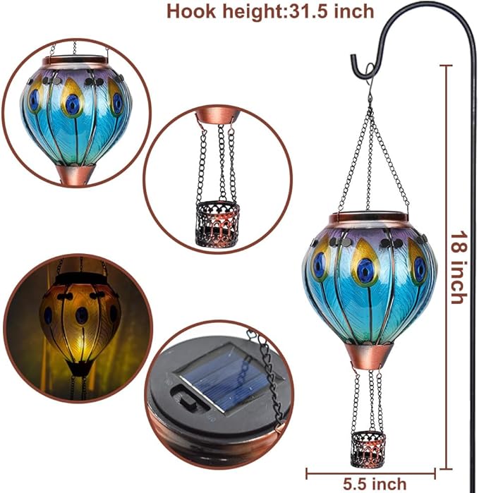 2PCS Solar Hot Air Balloon Lanterns with Flame with Shepherd's Hooks, Glass Hanging Flickering Lights Outdoor Waterproof for Garden Tree Yard Patio Mother's Day Gift, 18" H Peacock-Blue