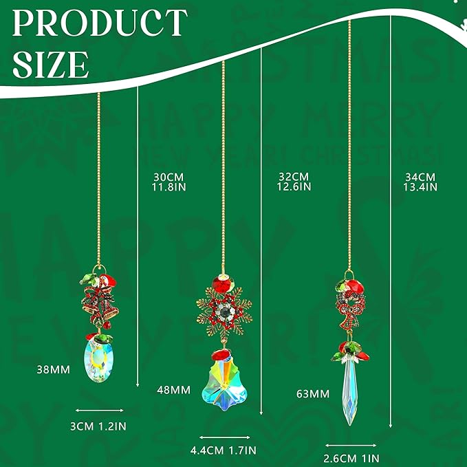 3 Pack Crystal Christmas Ornaments, Glass Rainbow Rhinestones Sun Catcher Prisms with Christmas Wreath Snowflake Bells,Suncatcher Hanging Crystal Pendants for Window Christmas Home Decor