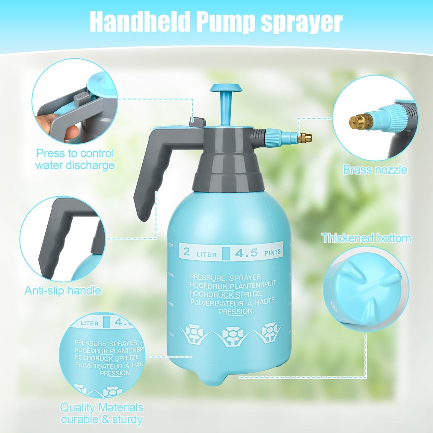 3 Pcs 1/2 Gallon Plastic Handheld Pump Sprayer – Garden Pressure Sprayer Bottle with Adjustable Nozzle for Plants, Cleaning, Household Tasks –Blue