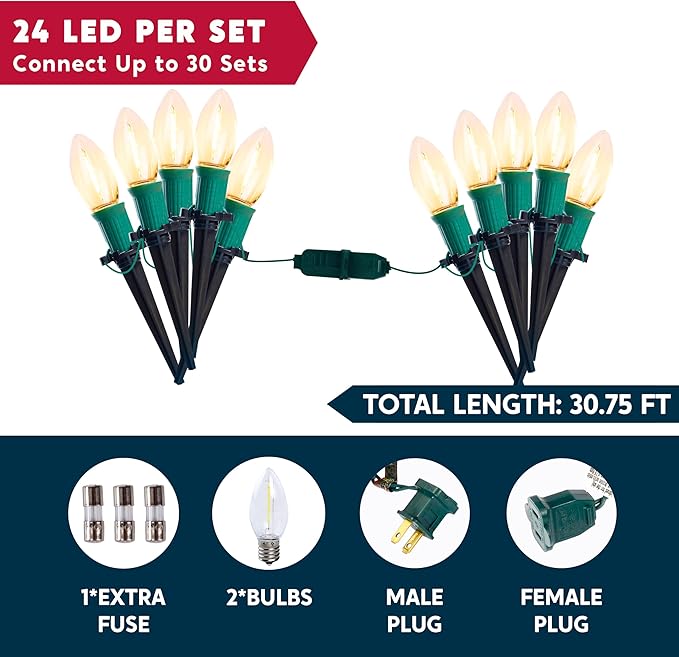 Joiedomi 30.75FT C9 Christmas Pathway Stake Lights 24 LED Jumbo Bulbs, Warm White Outdoor Walkway Decor with Green Wire Connectable for Holiday Commercial Xmas Yard Garden Lawn
