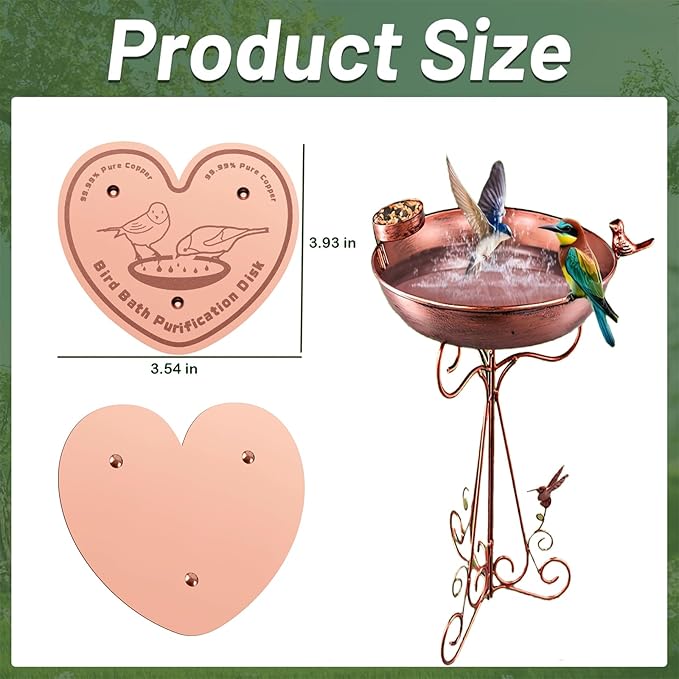 1-Pack 99.99% Pure Copper Bird Bath Purification Disk,Copper Disc with Stable Triple-Point Support,Fits All Outdoor Bird Baths(Heart-Shaped)