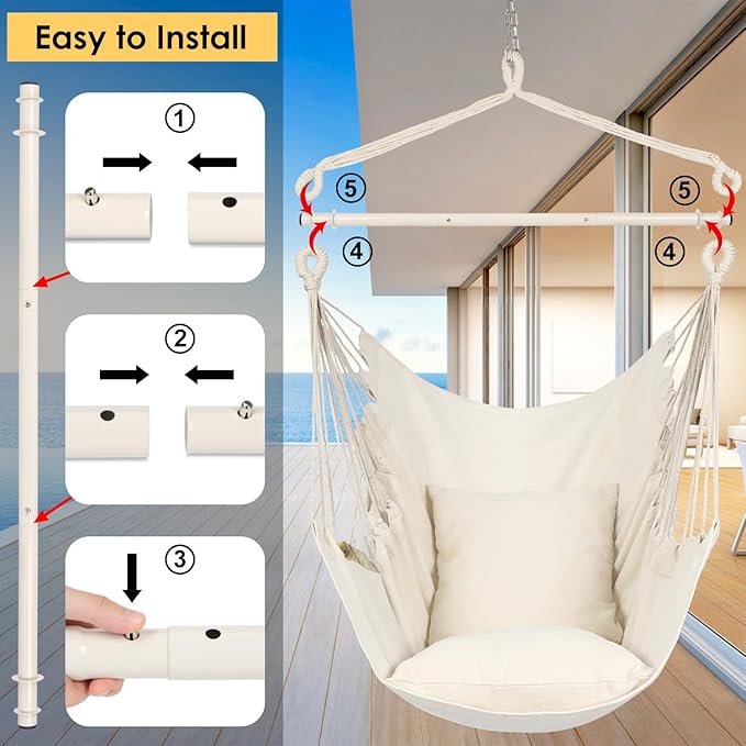 Y- STOP Hammock Chair Hanging Rope Swing Chair, Max 500 Lbs, 2 Seat Cushions Included, Removable Steel Spreader Bar with Anti-Slip Rings for Indoor or Outdoor(Beige)