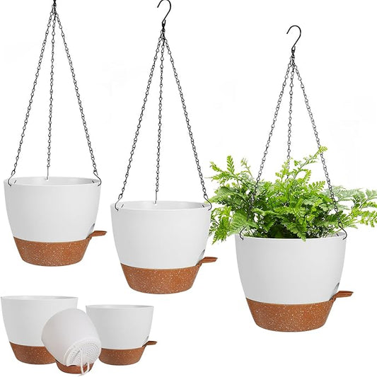 3 Pack Hanging Planter Indoor Outdoor Flower Pots 7/6.5/5 Inch, Self-Watering Hanging Pot with Drainage Holes Hanging Baskets Holder Plant Pots for Garden (White)
