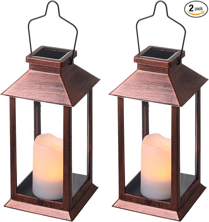 2 Pack Solar Lanterns, Outdoor Garden Hanging Lanterns, LED Flickering Flameless Candle Mission Lights for Yard,Table,Patio(Bronze)
