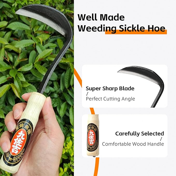 Japanese Weeding Sickle Hoe, Sickle Garden Tool Hand Grass Sickle, Weeding Tool for Gardening with High Carbon Sharp Steel Blade Edge for Cutting Grass,Digging Quick Work (Japanese Weeding Sickle)