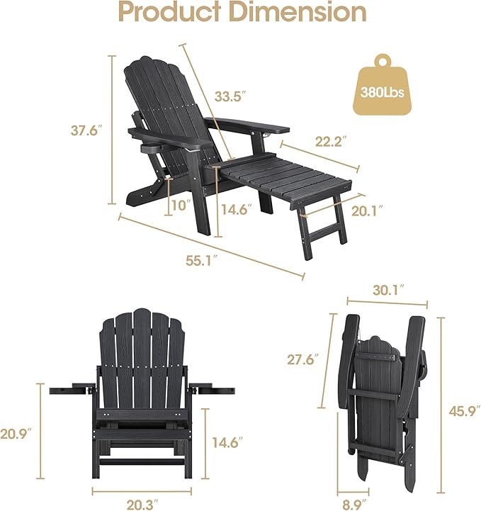 Adjustable Backrest Folding Adirondack Chair Set of 4, Adirondack Chair with Retractable Ottoman, Weather Resistant Fire Pit Chair with 2 Cup Holders, for Porch Backyard Outdoor Lawn, Black