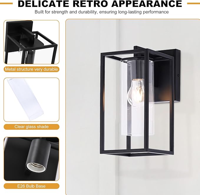 Pia Ricco Outdoor Wall Lights, Black Outdoor Wall Lantern with Square Clear Glass Shade, Waterproof Exterior Lighting Fixtures, Modern Front Porch Lighting for House, Garage, E26 Base, ETL Listed