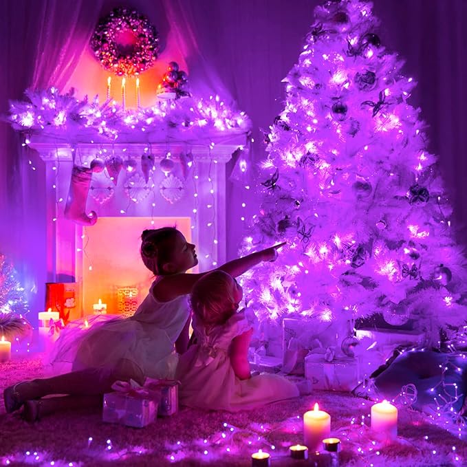 JMEXSUSS Purple Christmas Lights Indoor Outdoor Clear Wire, 66ft 200 LED Purple Lights for Christmas Tree, 8 Modes Purple String Lights Plug in for Christmas Bedroom Garden Party Xmas Decorations