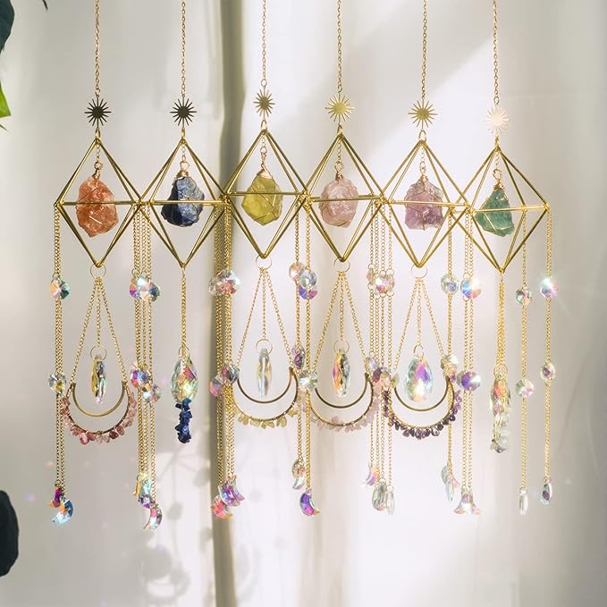 Orange Salt Crystal Suncatchers for Windows, Gemstone Sun Catcher Hanging, Unique Spiritual, Crystal Window Hanging, Boho Home Decor, Natural Stone (Orange Salt Stone)