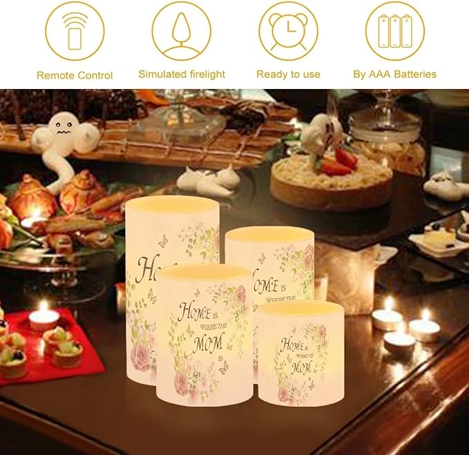 Mother's Day Decor Flameless Light Candles 4 PC, Home Is Where The Mom Is, Battery Operated Candles with Colorful Light Timer Remote Control Fake Tealights Home Ornaments, Pink Rose Butterfly