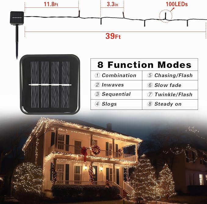 2 Pack Solar String Lights Outdoor, 200 LED Extra-Long 78 FT Solar Lights Outdoor with 8 Lighting Modes, IP65 Waterproof for Garden, Patio, Xmas, Balcony, Wedding, Party (Warm White)