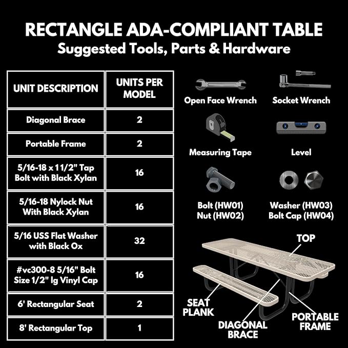 Coated Outdoor Furniture Heavy-Duty Portable ADA-Compliant Outdoor Picnic Table, Punched Steel Patio Dining Furniture Made in America (8ft Rectangular, One-Side Handicap, Grey)