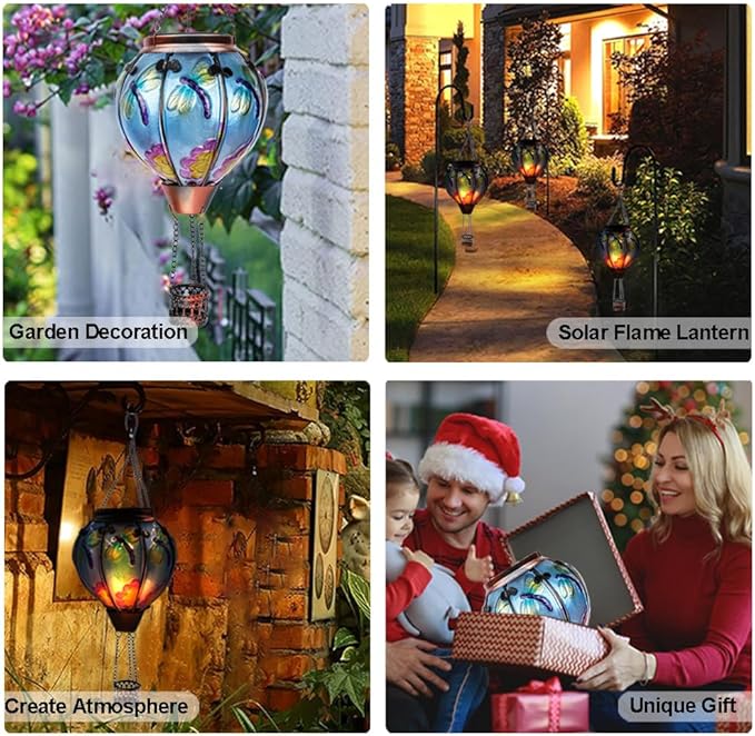 2PC Hot Air Balloon Solar Lantern with 2PC Shepherd Hook, Flickering Flame Hanging Solar Lanterns Outdoor Lights Waterproof Lanterns Decorative Garden Patio Yard Party Decor (Dragonfly)