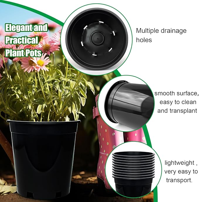 1.5 Gallon Plastic Nursery Pots, 7.5 Inch Round Plant Pots with Drainage Holes, 15 Pack Flower Pots for Outdoor Indoor Plants, Flowers, Black