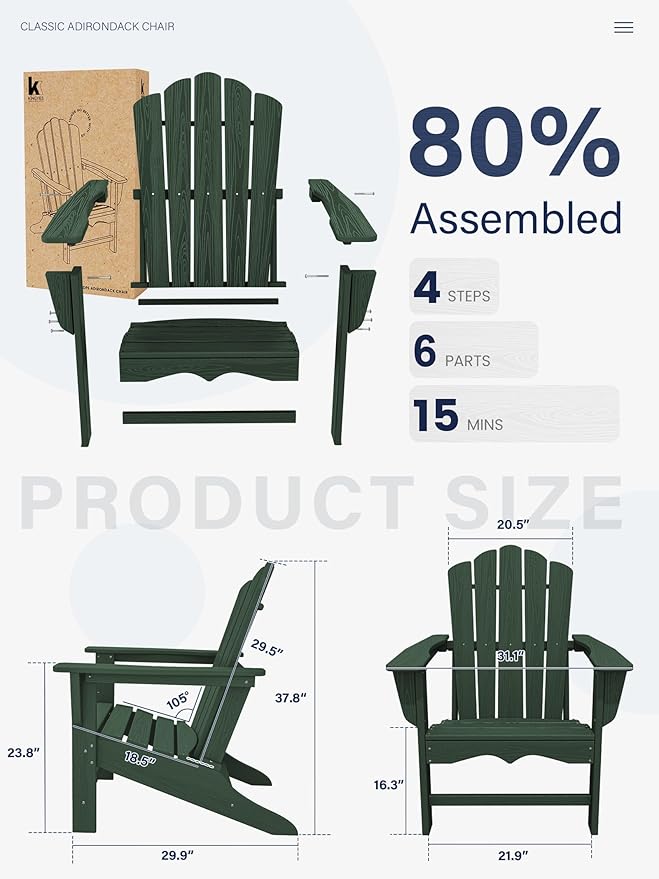 KINGYES HDPE Adirondack Chair Set of 4, Classic All-Weather Adirondack Chair, Green