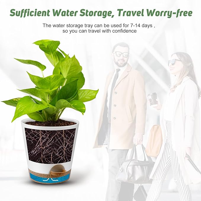 Indoor Self Watering Planters with Drainage Holes and Saucers, 8, 7, 6.5, 6, 5.5, 5 Inches, White, 6 Pots