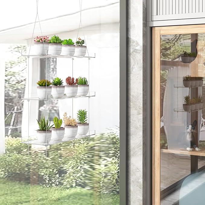 3-Tier Clear Hanging Window Plant Shelves 16In, Height Adjustable Acrylic , Indoor Windows Wall Hanging Plant Stand Flower Display, Flower Pot Organizer Storage for Grow Herbs, Microgreens, Succulents