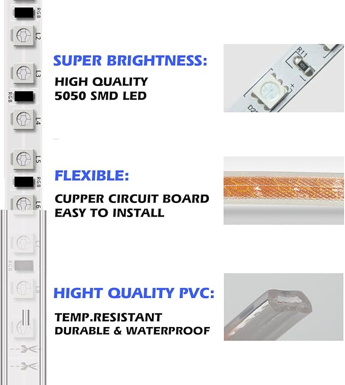 5050-60 Type AC 110-120V LED Strip Lights, Flexible/Waterproof/Dimmable/Multi-Modes LED Rope Light + 23 Keys Remote for Home/Garden/Building Decoration (16.4ft/5m, Natural White 4000K)