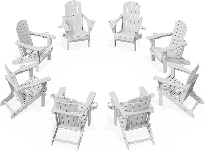 KINGYES Folding Adirondack Chair Set of 8, Dual Cup Holders & All-Weather HDPE, Wood-Like Patio Chair for Backyard, Camping, Pool & Fire Pit, White