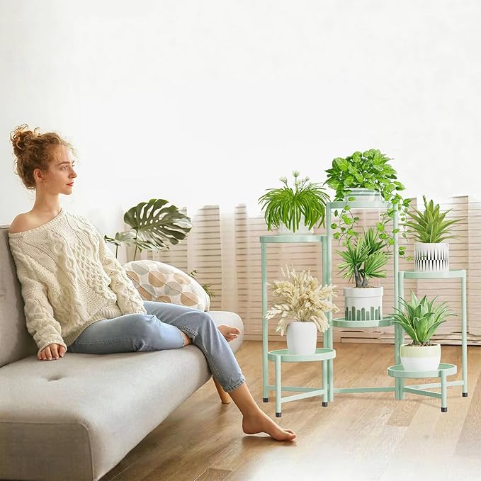 iDavosic.ly 6 Tier Large Plant Stand Indoor, 10 Inch Wide Tall Corner Metal Plant Stands Outdoor for Multiple Plants, Folding Tiered Flower Display Holder Rack Shelf, Light Green