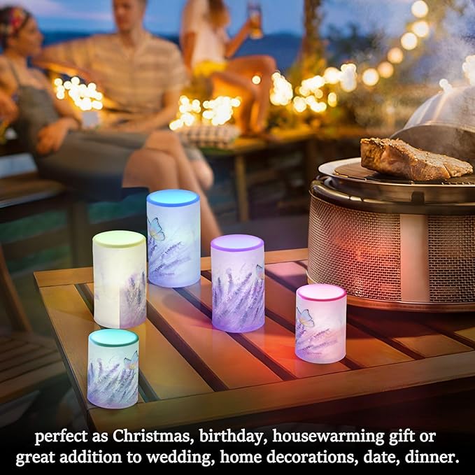 Flickering Flameless Candles, Lavender Butterfly Purple LED Candles with Remote Timer, Set of 2 Battery Operated Candle for Valentine Wedding Birthday