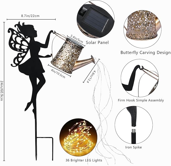 2 Pack Outdoor Decor Solar Watering Can with Cascading Lights - 24 Inch Garden Decor for Outside - Metal Outdoor Path Lights - Garden Solar Lights for Lawn Walkway Yard Decor(36 LED String Lights)