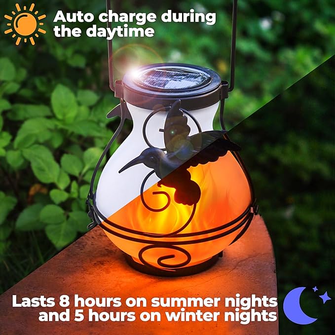 2 Pack Solar Flickering Flame Lights,Outdoor Upgraded Metal Lantern for Hanging Solar Powered Waterproof LED Flame Glass Lanterns for Patio Garden Christmas Halloween Decorations