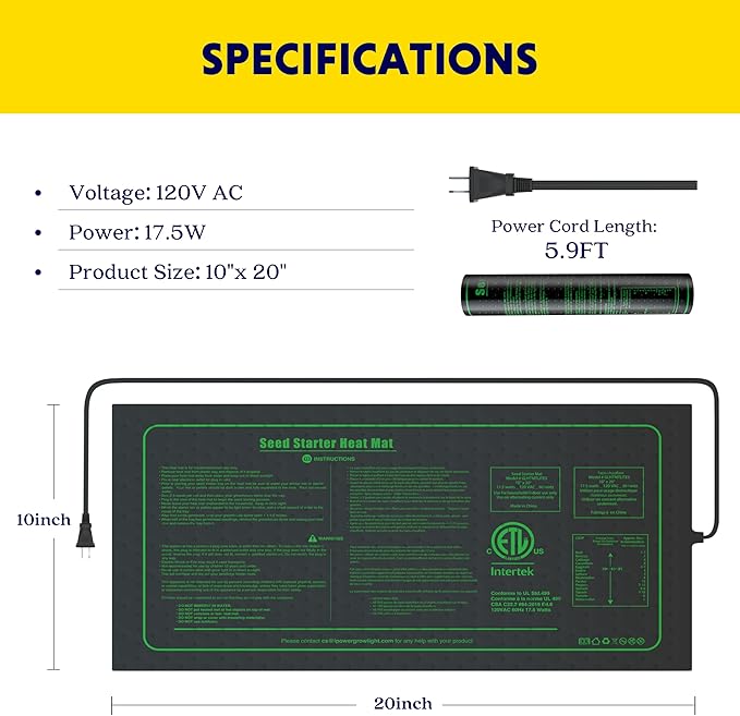 iPower Upgrade 10" x 20" Durable Waterproof Seedling Heat Mat with ETL Certified, Warm Hydroponic Heating Pad for Germination, Indoor Gardening, Brewing and Seed Starting
