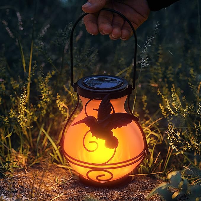 2 Pack Solar Flickering Flame Lights,Outdoor Upgraded Metal Lantern for Hanging Solar Powered Waterproof LED Flame Glass Lanterns for Patio Garden Christmas Halloween Decorations