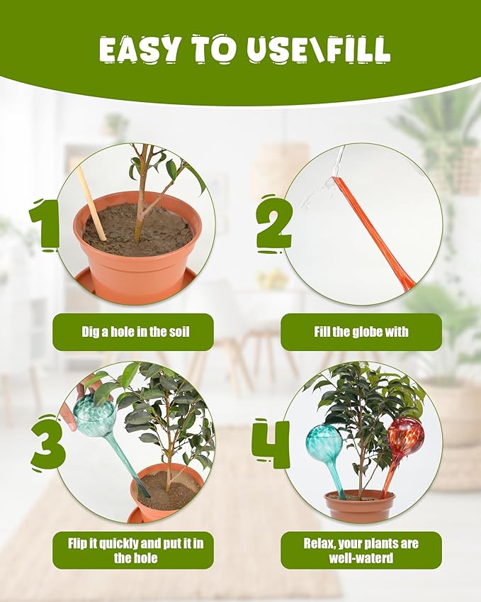 Iridescent Self Watering Globes, Glass Rainbow Plant Watering Globes, Self Watering Planter Insert, Automatic Plant Waterer Indoor (Large-4 Pcs Multi-Color, Large)