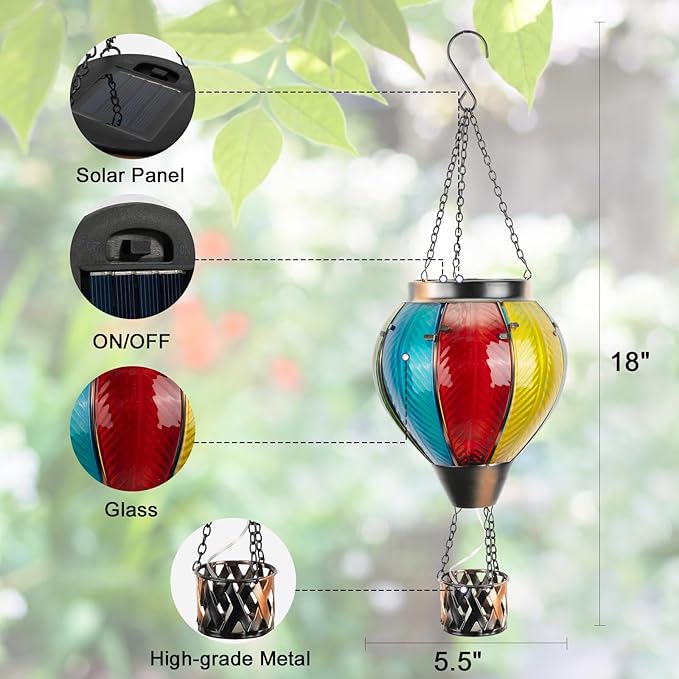 Hot Air Balloon Solar Lantern with Flickering Flame, Hanging Solar Lantern Metal Outdoor Waterproof Lights for Garden Yard Porch Patio Decorations Christmas Gifts (Multi-Colored Glass)