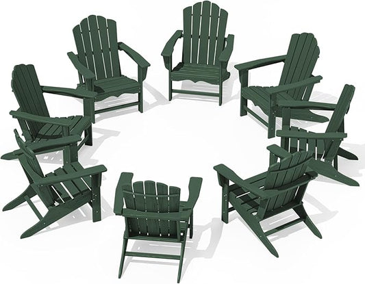 KINGYES HDPE Adirondack Chair Set of 8, Classic All-Weather Adirondack Chair, Green