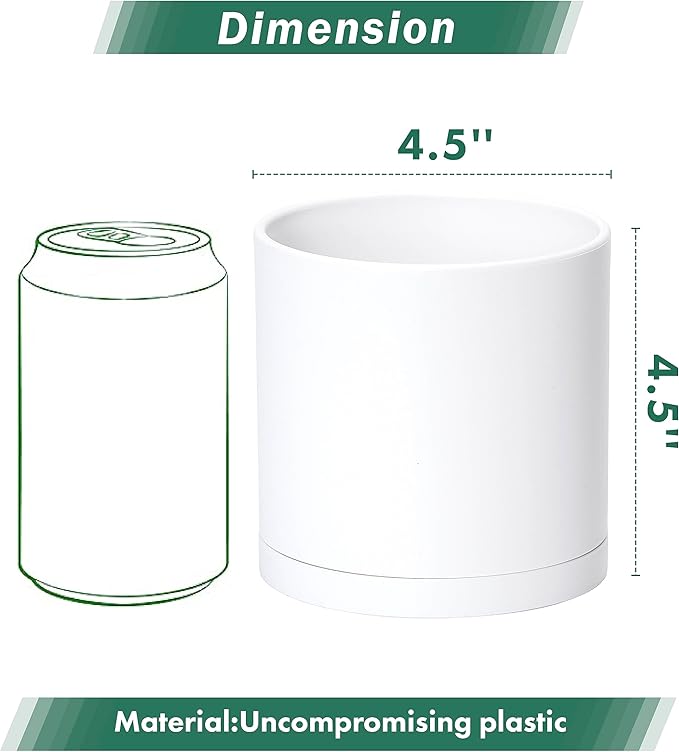 D'vine Dev 2 Pack 4.5 Inch Modern Plastic Plant Pots, Small Garden Planters for Plant with Drainage Holes and Saucers, White Color, 74-Z-F-1