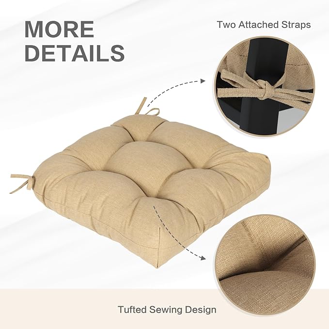 Aoodor 19" x 19" x 5" Tufted Outdoor Chair Cushions, Water Resistant & Fade Resistant Polyester Dining Chair Pads with 2 Straps for Patio Furniture, Set of 2