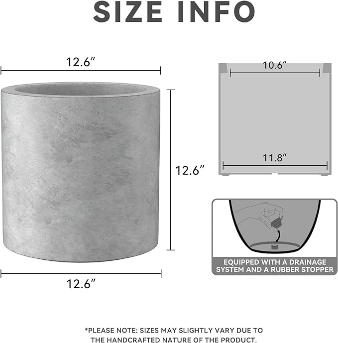 Kante 12.6" Dia Round Concrete Planter, Modern Style Large Cylindrical Plant Pot with Drainage Hole and Rubber Plug for Indoor Outdoor Patio, Natural Concrete