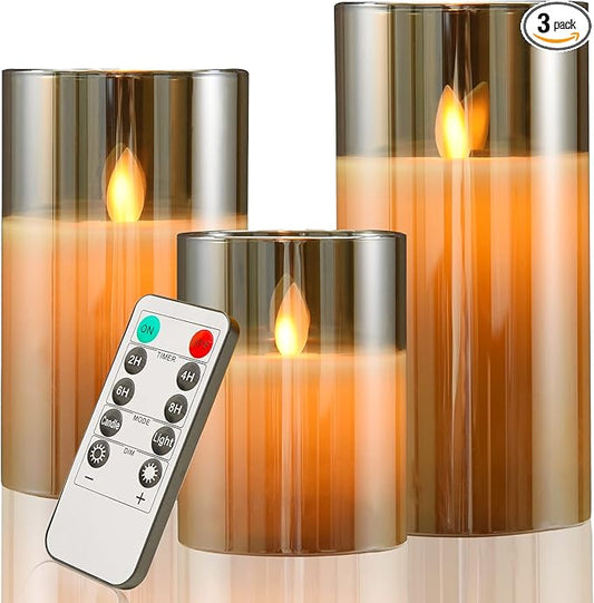 JOSU Flameless Candles 4" 5" 6" Set of 3 Outdoor Indoor Fake Pillars Gold Glass LED Battery Operated Candles Include 10-Key Remote Timer for Wedding Party Halloween Christmas Thanksgiving Fall Diwali