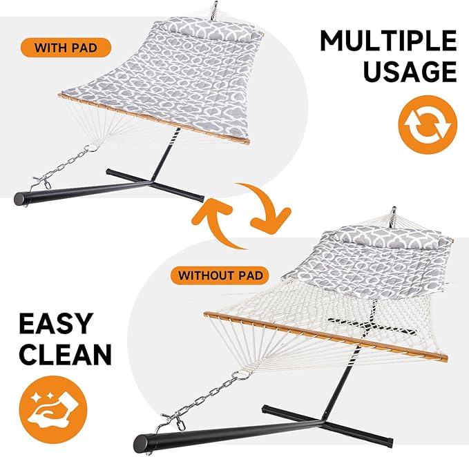 2 Person Outdoor Hammock with Stand, Cotton Rope Hammock with Polyester Pad, Adjustable Steel Frame, Portable with Carrying Bag – for Patio, Backyard, Garden, Beach, White-Gray